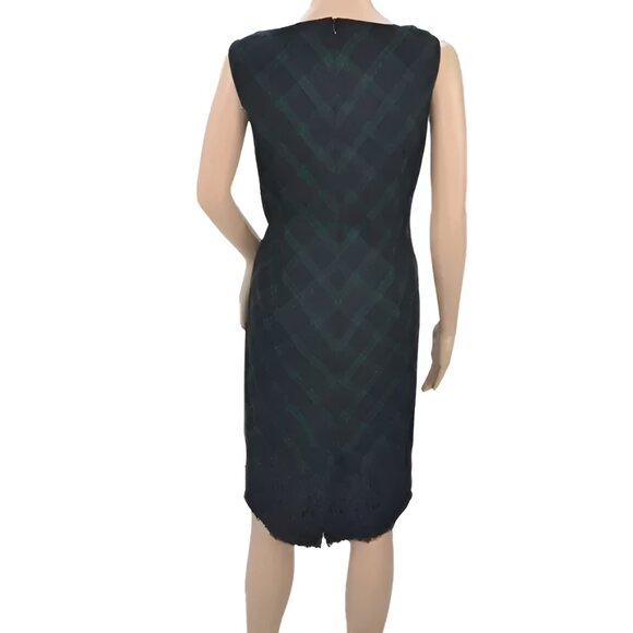 Talbots Hunter Green Navy Blue Glen Plaid & Lace Gabardine Wool Sheath Dress 8 M - Picture 4 of 6